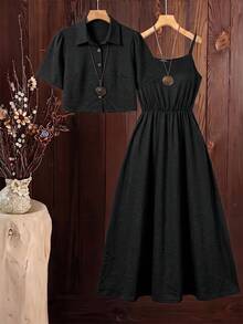 SHEIN Clasi Plus Size Solid Color Shirt & Cami Dress 2 Pieces Set - Black - View 1