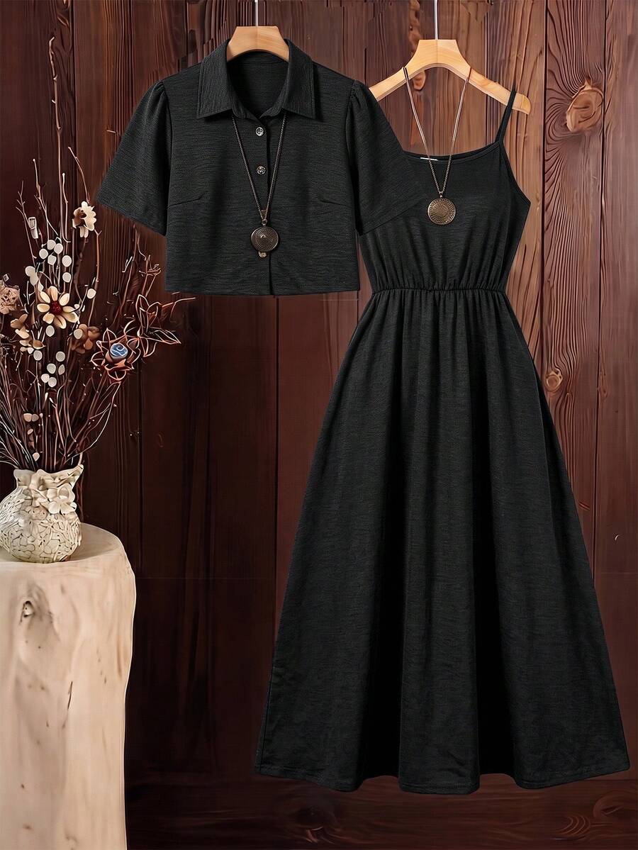 SHEIN Clasi Plus Size Solid Color Shirt & Cami Dress 2 Pieces Set - Black - View 1