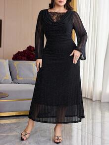Modelyn Plus Size Women's Lace Patchwork Casual Party Dress - Black - View 5