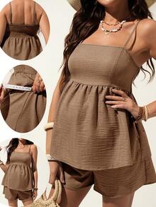 SHEIN Women's Casual Vacation Solid Color Ruffle Collar Cardigan & Shorts Maternity Set, Spring/Summer - Brown - View 10