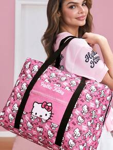 HELLO KITTY AND FRIENDS | SHEIN 可愛貓咪印花可折疊旅行托特包，大容量，行李套筒設計，輕量旅行/上學適用，附前口袋 - 黑粉白 - 查看 3