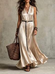GlowEve CURVE Plus Size Summer New Satin V-Neck Sleeveless Waist Tie Belt Elegant Casual Fashion Commuter Women's Dress - Apricot - View 1