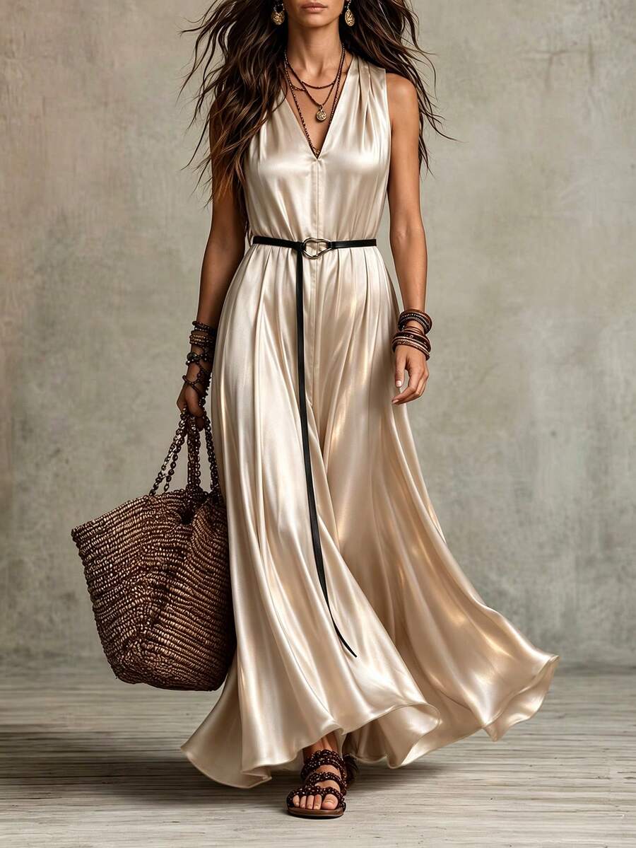 GlowEve CURVE Plus Size Summer New Satin V-Neck Sleeveless Waist Tie Belt Elegant Casual Fashion Commuter Women's Dress - Apricot - View 1