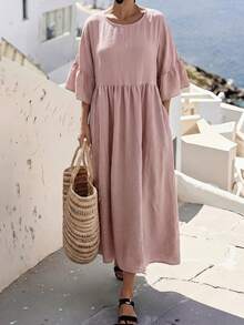 Ceyna Vestido de manga corta con pliegues para vacaciones en talla grande - Rosa - Ver 4