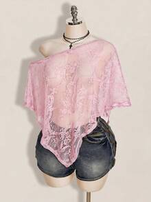 SHEIN ICON 女款大尺碼蕾絲休閒透視日常上衣 - 粉色 - 查看 1