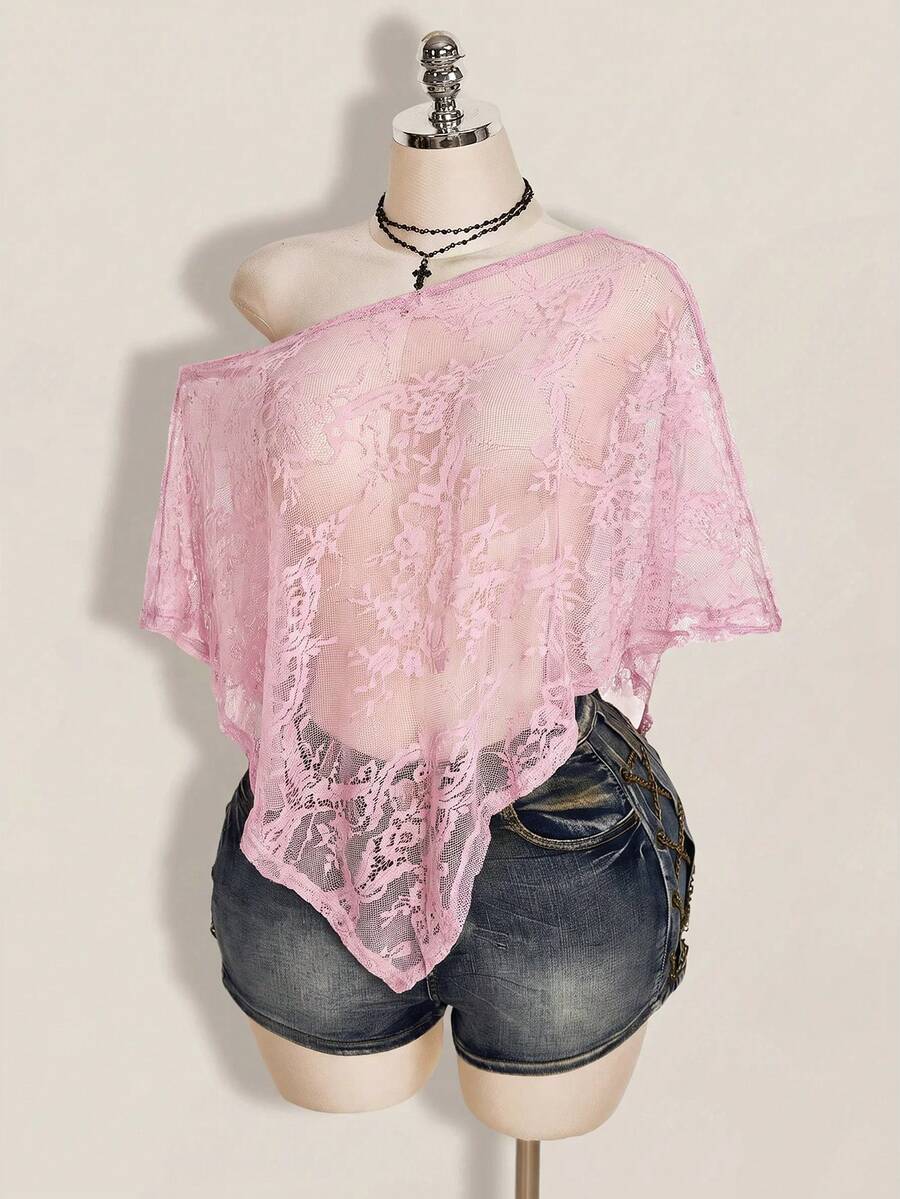 SHEIN ICON 女款大尺碼蕾絲休閒透視日常上衣 - 粉色 - 查看 1