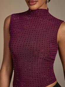 Hauture Women's Rhinestone Embellished Stand Collar Mesh Fitted Fashion Tank Top - Burgundy - View 6