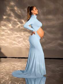 Cheriluna Maternity 孕婦純色高領長袖鏤空設計孕婦洋裝 - 淺藍色 - 查看 3