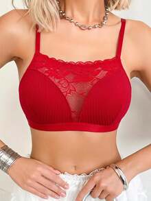 SHEIN 蕾絲拼接羅紋舒適女款內褲 - 紅色 - 查看 3