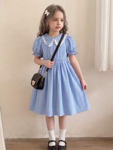 1pc Girls' Fashion Dusty Blue Summer Elegant Wedding Beaded Embroidered Ruffle Collar Puff Sleeve Waist Fit & Flare Princess Dress,Commute Wear - Blue - View 5