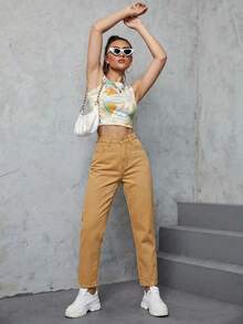 SHEIN ICON 女款休閒日常牛仔褲，附口袋與鈕扣設計 - 駝色 - 查看 7