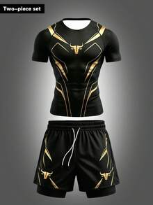 RISE LYT Men's Bull Head Print Short Sleeve T-Shirt And Shorts Sports Set - Black - View 1