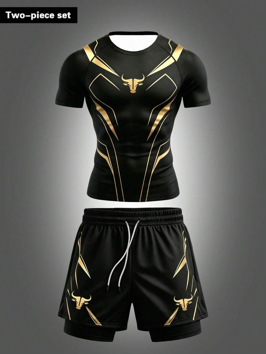 RISE LYT Men's Bull Head Print Short Sleeve T-Shirt And Shorts Sports Set - Black - View 1