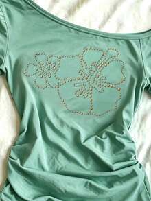 IslaSuriya Plus Size Summer Casual Rhinestone Decor Asymmetric Collar T-Shirt - White - View 5