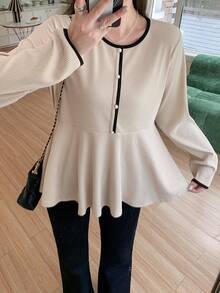 Dazy Plus Contrast Color Ribbed Long Sleeve Cinched Waist Loose Casual Slimming Versatile Spring Summer Autumn T-Shirt - Apricot - View 1