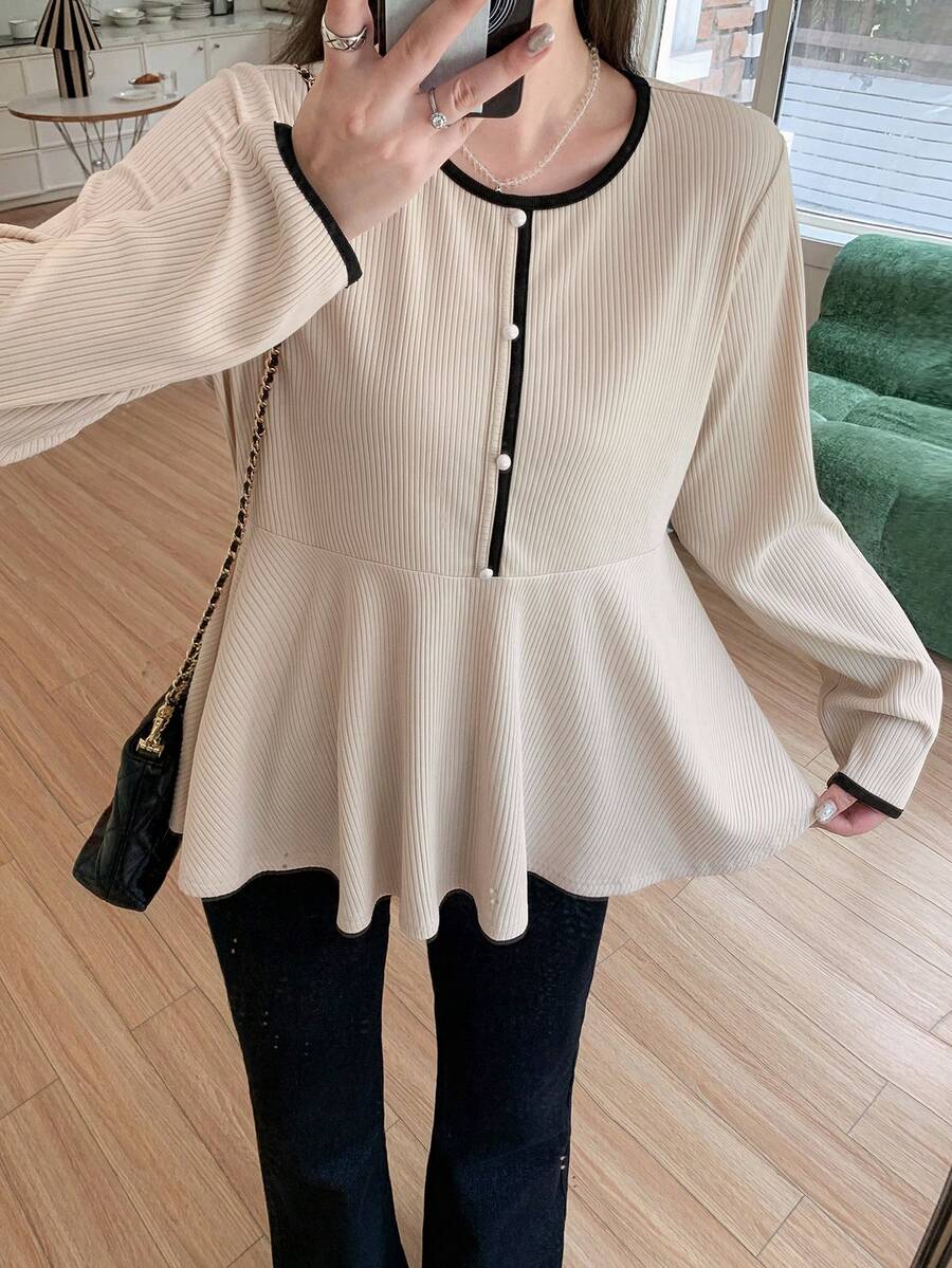 Dazy Plus Contrast Color Ribbed Long Sleeve Cinched Waist Loose Casual Slimming Versatile Spring Summer Autumn T-Shirt - Apricot - View 1