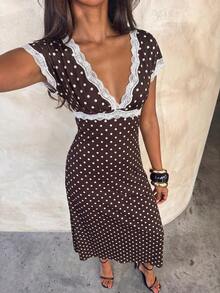 Aloruh Women's Autumn/Winter Polka Dot Print Lace Patchwork Extra Long A-Line Dress - Brown - View 9