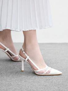 CUCCOO BIZCHIC 女款緞面網格拼接露跟高跟鞋，尖頭雙帶細跟鞋 - 白色色丁 - 查看 5