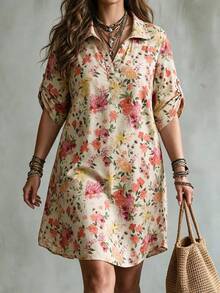 Ceyna Plus Size Women's French Casual Elegant Loose Floral Print Mid-Sleeve Dress - Apricot - View 4