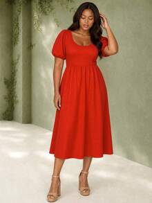 ELLERISSA Plus Size Red Scoop Neck Puff Sleeve Textured A-Line Midi Dress - Burnt Orange - View 3