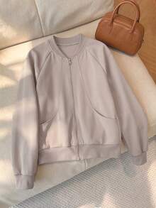 Rusticease Women's Solid Color Baseball Collar Zip-Up Casual Daily Long Sleeve Jacket For Middle-Aged And Elderly - Khaki - View 1