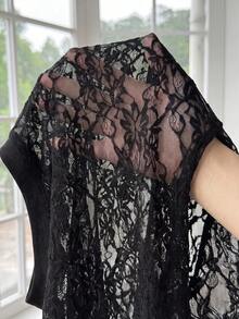 SHEIN EZwear 大尺碼女款刺繡優雅透視T恤，適合度假與派對 - 棕色 - 查看 7