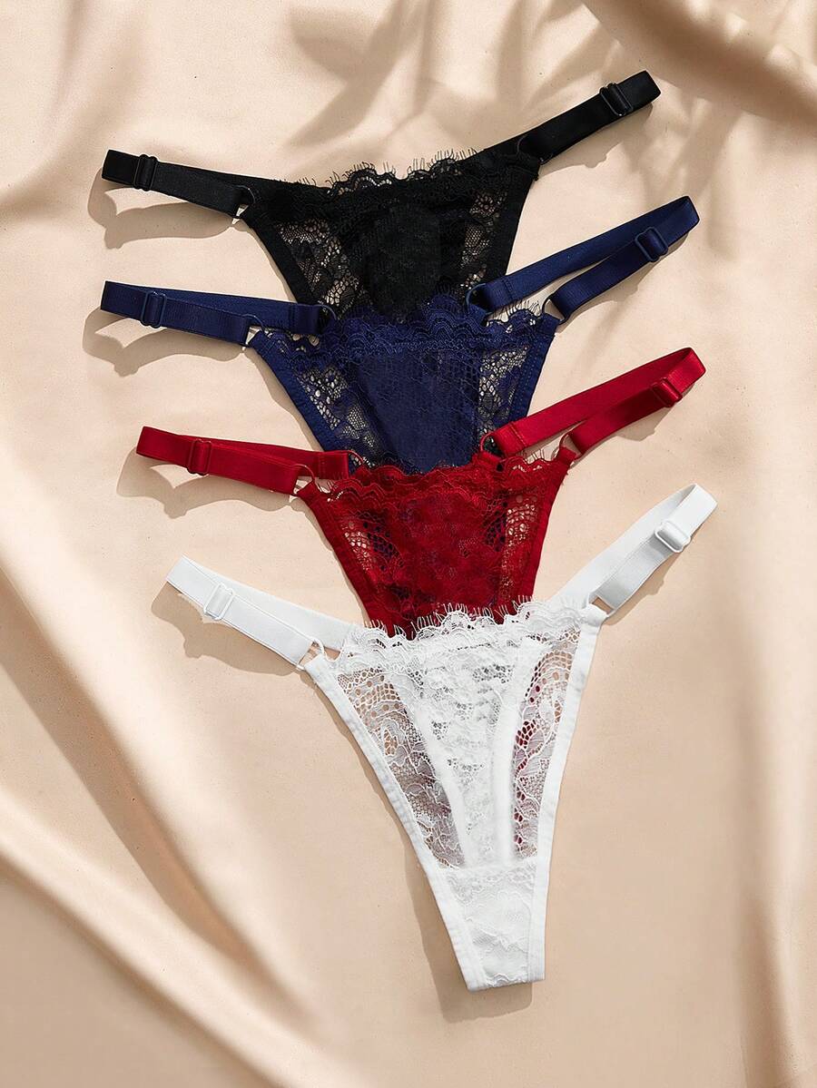Charlaine 4pcs/Set Lace Eyelash Adjustable Thin Strap Thong Panties - Multicolor - View 1