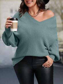 SHEIN LUNE CURVE 大尺碼女款純色V領蝙蝠袖長袖寬鬆套頭毛衣 - 綠色 - 查看 3