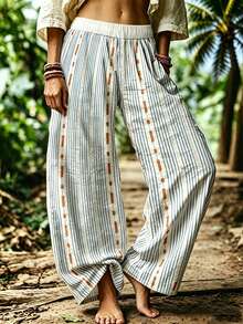 EMERY ROSE Plus Size Bohemian Striped Wide Leg Pants, Comfortable Elastic Waist Wide Leg Pants, Summer 2026 Fall - Multicolor - View 4