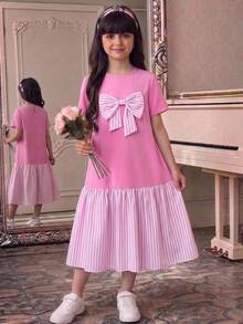 SHEIN Tween Girl 圓領短袖拼接條紋蝴蝶結印花粉色洋裝 返校穿搭 - 粉色 - 查看 1