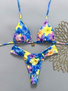 Swim Mod 2件組 春夏度假隨機印花櫻桃飾品掛脖三角杯比基尼上衣與比基尼褲 女款性感泳衣套裝 - 彩色 - 查看 2
