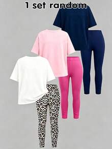 SHEIN 隨機1套 夏季/秋季女童休閒時尚簡約街頭風數位印花短袖T恤與美式復古豹紋設計內搭褲2件套，個性百搭穿搭，適合4-7歲女童，四季可穿 - 白色 - 查看 2