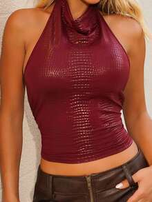 Sandy Gomes New European & American Style Sexy Backless Halter Neck Sleeveless Pleated Fitted Casual Crop Top Summer - Burgundy - View 6