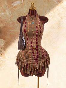 Amplova Bohemian Style High Neck Asymmetrical Ruffle Hem Cinched Waist Mini Dress - Multicolor - View 1