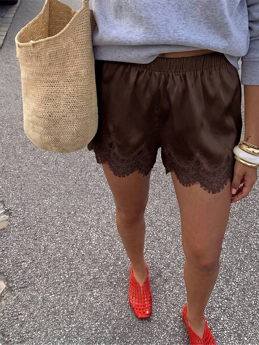 Aloruh Short mini élégant pour femmes avec patchwork en dentelle jaune pâle - Tabac - Voir 1