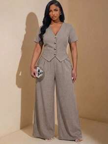SHEIN Clasi Plus Size Summer Casual Elegant Commute Brunch Formal Short Sleeve Top And Long Pants 2 Pieces Set Office Chocolate Brown - Khaki - View 2