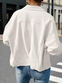 SHEIN LUNE 女式休闲时尚街头时尚简约百搭纯色灯芯绒翻盖口袋夹克，秋季 - 白色 - 查看 2