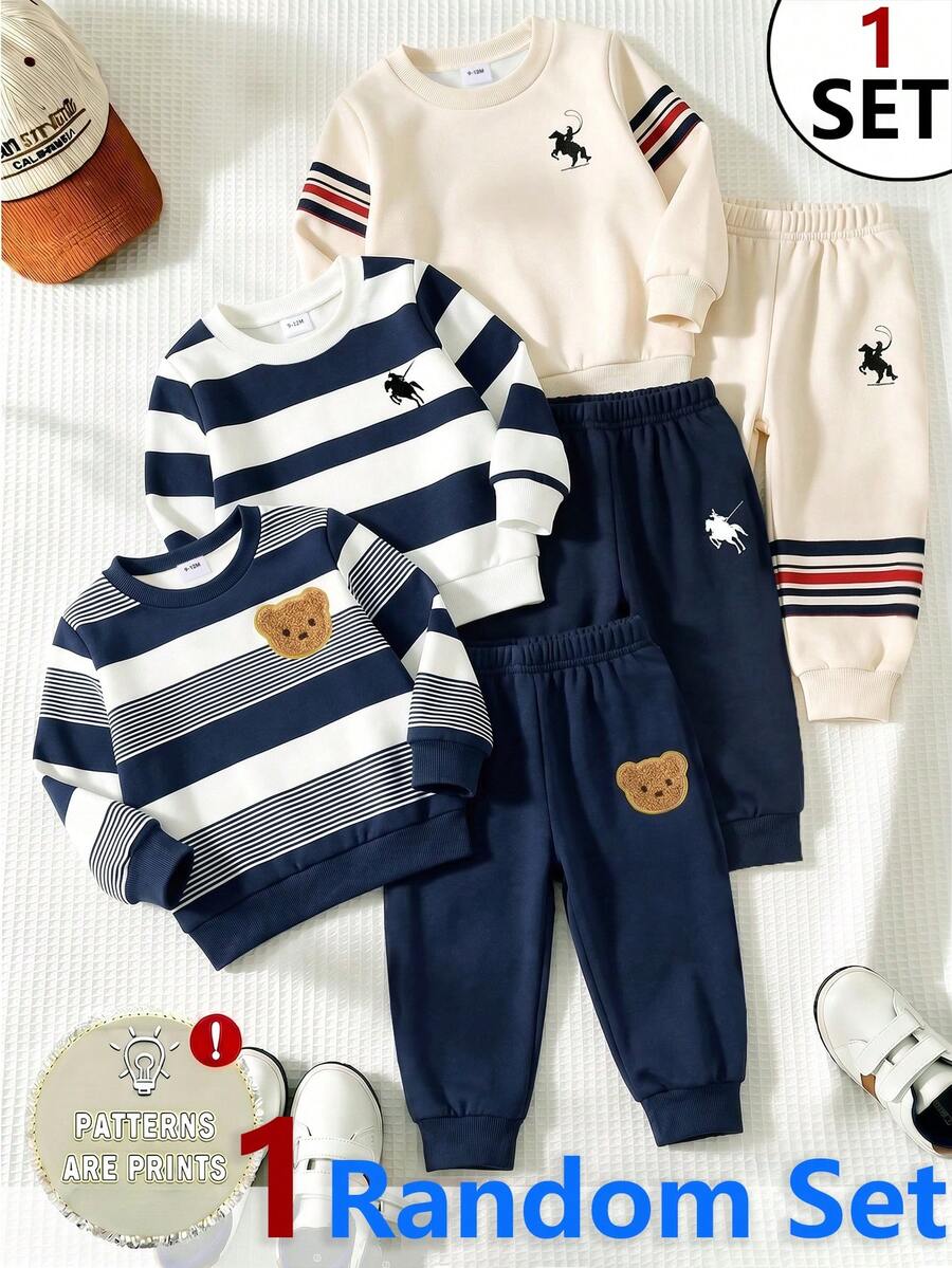 SHEIN 1 Random Set, Minimalist Casual Logo Striped Element Graphic Print Crew Neck Long Sleeve Sweatshirt With Logo Striped Print Long Sweatpants - Multicolor - View 1