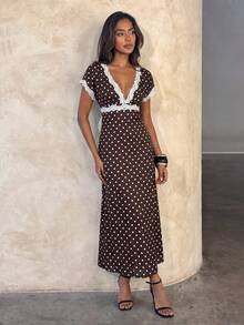 Aloruh Women's Autumn/Winter Polka Dot Print Lace Patchwork Extra Long A-Line Dress - Brown - View 6