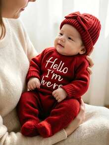 SHEIN HELLO World 新生兒攝影服裝 紅色針織嬰兒連身褲 腳套式連身衣 出生公告 紅黑配色 秋季可愛款 - 紅色 - 查看 4
