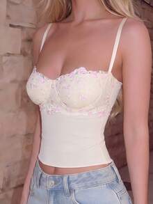 Turnttoni Women's Floral Embroidery Cropped Fitted Sexy Camisole Top,Yellow Corset, Embroidered Corset, Elegant Top, Date Top, Going Out Top Casual Summer - Yellow - View 5