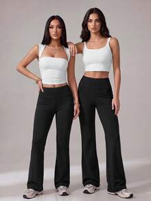 SHEIN Tall Women's Solid Color Slim Fit Versatile Daily Wear Flare Pants - Black - View 2