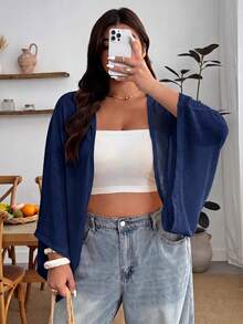 Enliva Plus Size Women's Spring/Summer Jacket, Suitable For Daily Wear And Beach Vacation Fall - Navy Blue - View 6