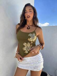 Aloruh 女款新款日常街頭風性感蕾絲與亮片拼接細肩帶背心上衣 - 軍綠色 - 查看 5