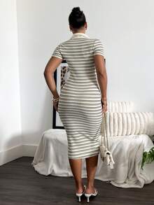 leahseptember Women's Casual Commute Striped Polo Collar Fitted Mid-Length Dress,Winter,Women's Beach Fashion ,Thanksgiving, Collar Dress Women Elegant Summer - Multicolor - View 2