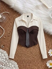 SHEIN MOD Women's Elegant Lantern Sleeve Tie-Waist White Blouse, Back To School , Autumn For Women, Social Blouse, Office Wear For Women - Multicolor - View 3