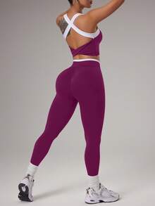 SHEIN Sports 1套紫色白色無縫運動套裝，無袖露背，柔軟舒適貼身，適合健身、跑步、休閒運動性感風，瑜伽健身房夏季穿搭 - 中紫紅色 - 查看 3