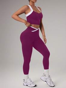 SHEIN Sports 1套紫色白色無縫運動套裝，無袖露背，柔軟舒適貼身，適合健身、跑步、休閒運動性感風，瑜伽健身房夏季穿搭 - 中紫紅色 - 查看 4