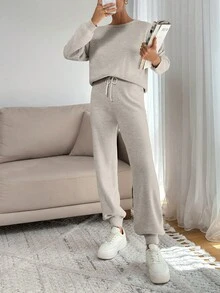 EURMUSE WOMEN SOFT TOUCH SWEATER AND SWEATER PANT TWO                          PİECE OUTFİT CO-ORDS  COOL - Beige - View 5