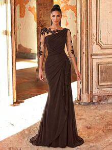 Aureia Rust Brown,Winter,Elegant,Formal,Wedding Embroidered Lace Sheer Long Sleeve Elastic Knit Mesh Ruched Mermaid Hem Dress,Parties,Bridal Shower Fall - Coffee Brown - View 6